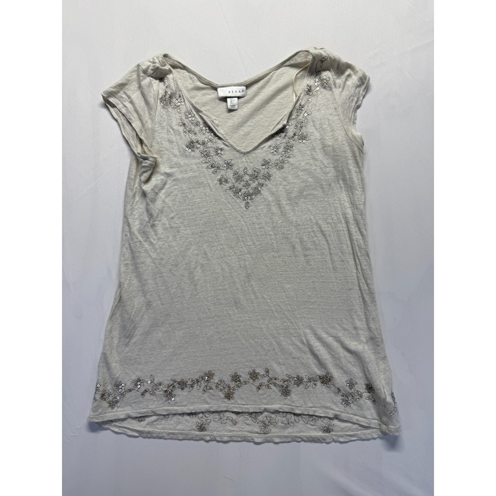 Kenar Tunic Blouse Top Womens Small Cream Linen V Neck Embroidered Sequin Detail